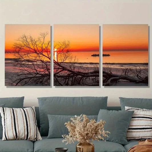 3pcs Serene Beach & Tree Silhouette at Sunset Metal Print Ready to Hang Art