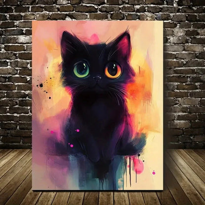 WhimsyArt Contemporary Abstract Black Cat Painting 40x60cm Metal Print Ready to Hang