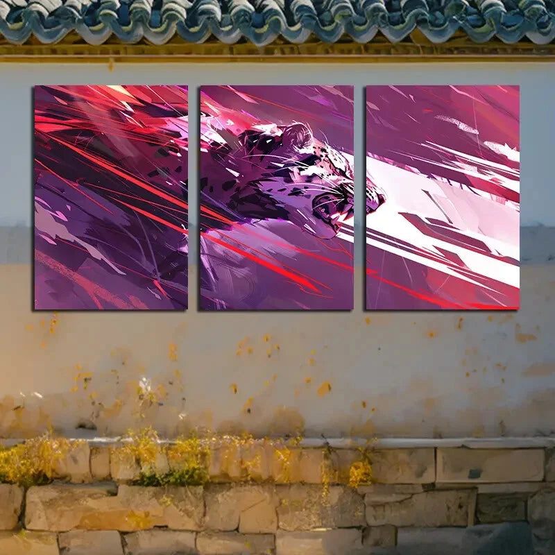 3pcs Red Purple Leopard in Astronaut Gear Metal Print Ready to Hang Art