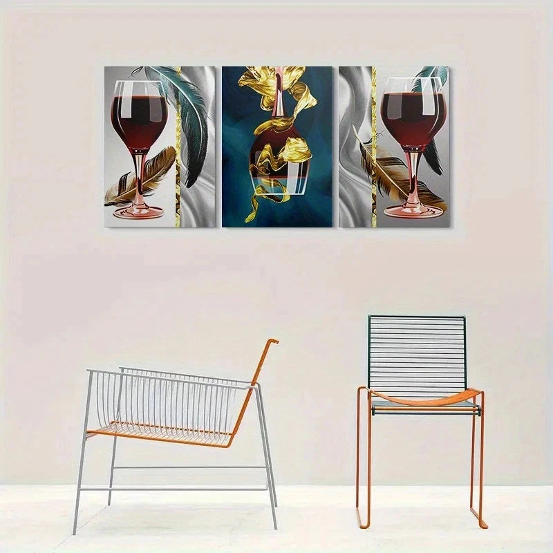 3pcs Abstract Wine Glass Golden Leaf Design Metal Print Ready to Hang Art