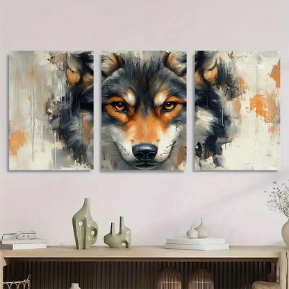 3pcs Wolf Head Dark Brown Black Orange Metal Print Ready to Hang Art