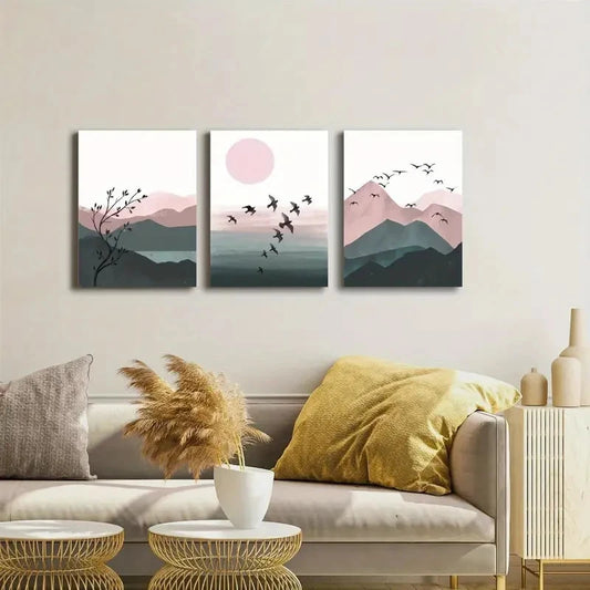 3pcs Bohemian Sun Mountains & Birds Lake View Metal Print Ready to Hang Art