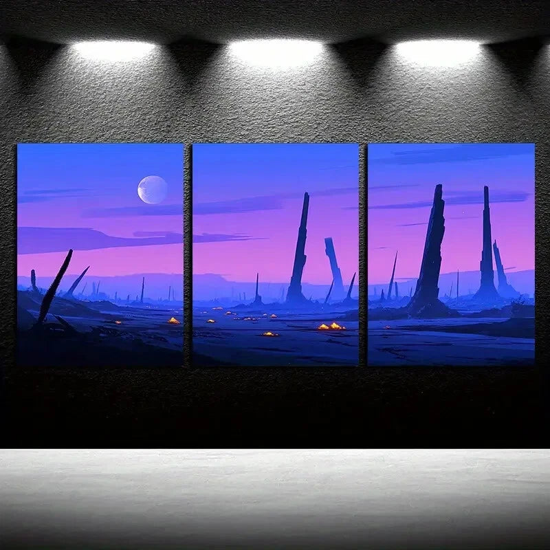 3pcs Vibrant Purple Planet Ruins Theme Metal Print Ready to Hang Art