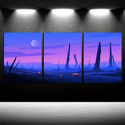 3pcs Vibrant Purple Planet Ruins Theme Metal Print Ready to Hang Art