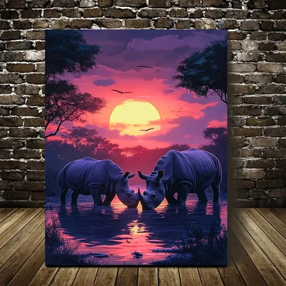 Rhinoceroses Playing Under Glowing Sunset Painting 40x60cm Metal Print Ready to Hang
