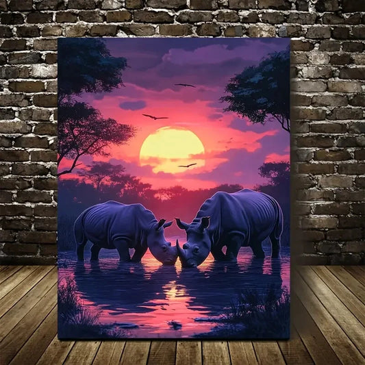 Rhinoceroses Playing Under Glowing Sunset Painting 40x60cm Metal Print Ready to Hang