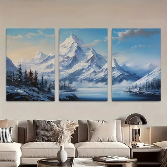 3pcs Winter Landscape Lake Mountains Illustration Metal Print Ready to Hang Art