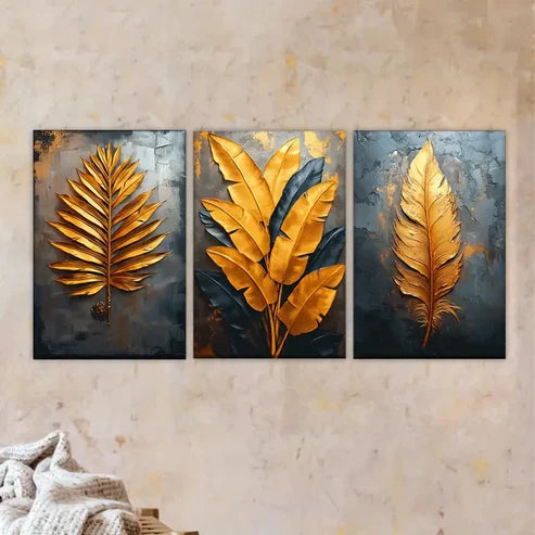 3pcs three golden leaves on a black Wall Art Set Canvas Unframed - High Quality Print 100% Australian Made Wall Canvas