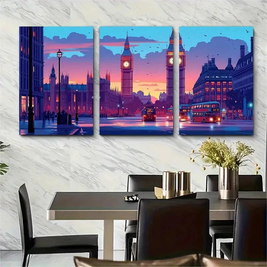 3pcs Vivid Evening Skyline with Red Buses Metal Print Ready to Hang Art