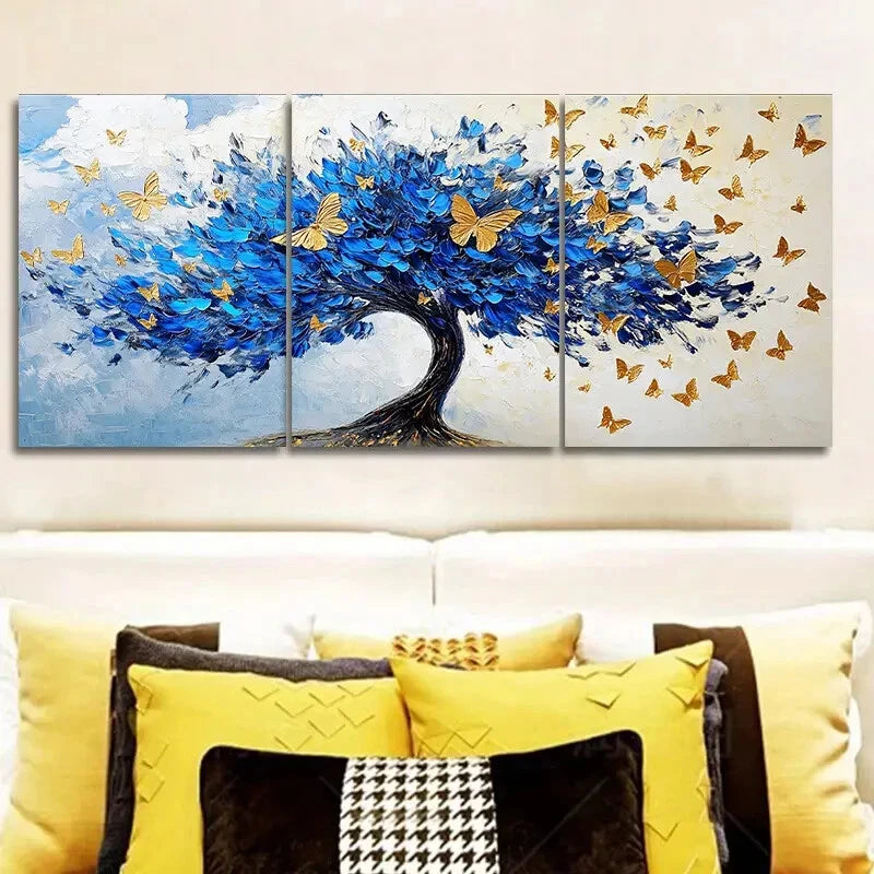 3pcs Abstract Blue Tree with Golden Leaves Metal Print Ready to Hang Art