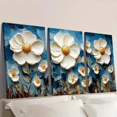 3pcs White Flower & Wildflower Impasto Wall Art Canvas Unframed – High Quality Print 100% Australian Made Wall Canvas
