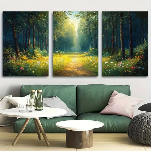 3pcs Vibrant Sunlit Pathway with Wildflowers Metal Print Ready to Hang Art