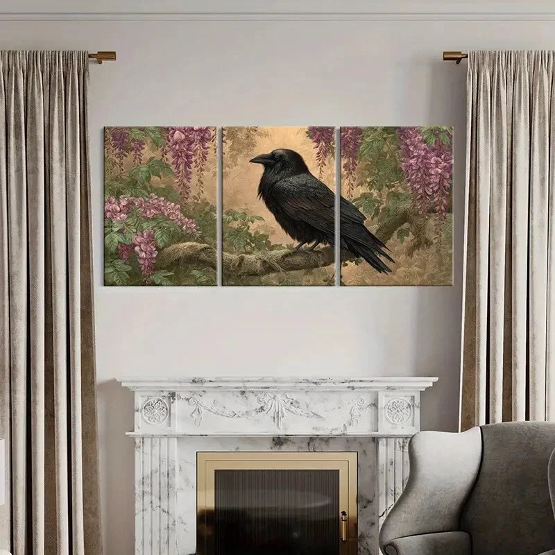 3pcs Black Crow on Branch with Purple Wisteria Metal Print Ready to Hang Art