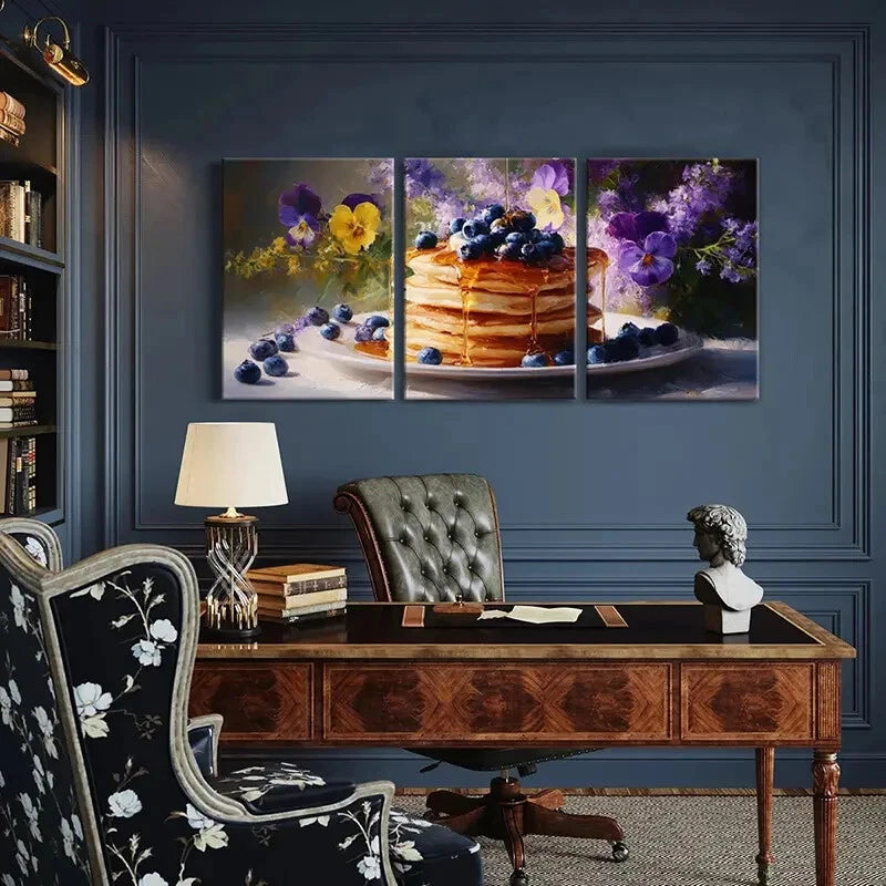 3pcs Blueberry Pancakes Floral Background Metal Print Ready to Hang Art