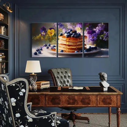 3pcs Blueberry Pancakes Floral Background Metal Print Ready to Hang Art