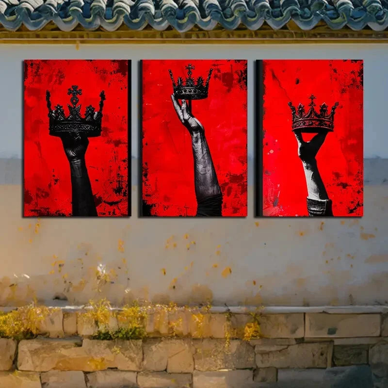3pcs Chic Crown in Red Background Metal Print Ready to Hang Art