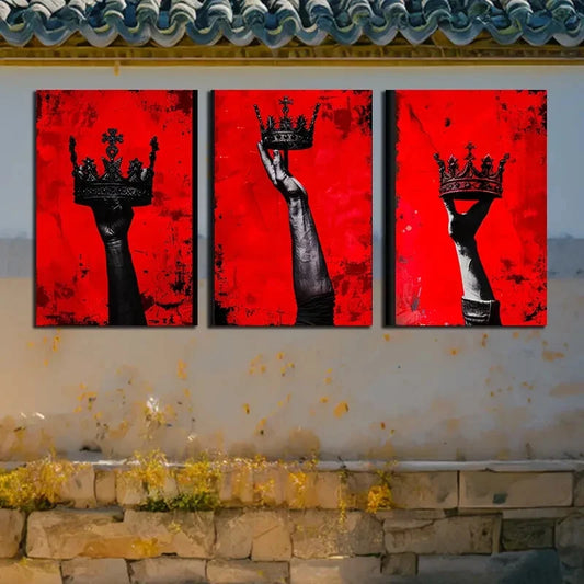 3pcs Chic Crown in Red Background Metal Print Ready to Hang Art