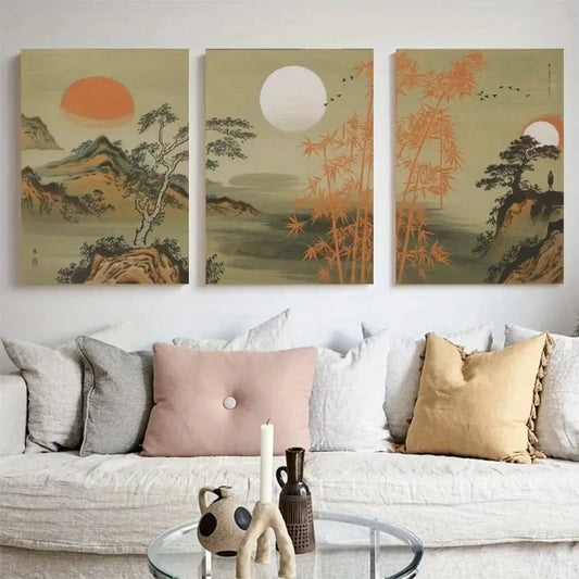 3pcs Bamboo Minimalist Style  Natural Wall Art Set Canvas Framed 50x70cm - High Quality Print 100% Australian Made Wall Canvas Ready to Hang