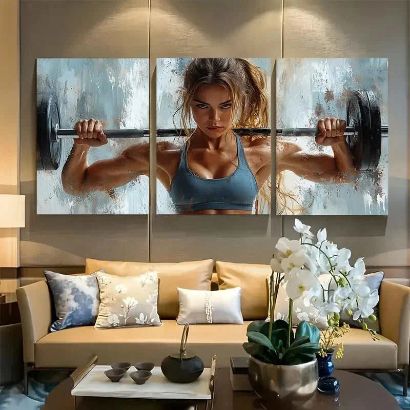 3pcs Muscular Woman Gym Fitness Metal Print Ready to Hang Art