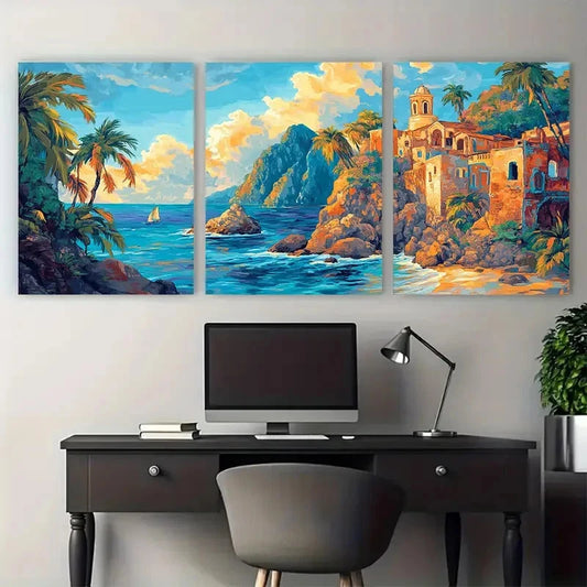 3pcs Serene Beach View Landscape Mexico Travel Wall Art Set Canvas Framed 40x60cm - High Quality Print 100% Australian Made Wall Canvas Ready to Hang