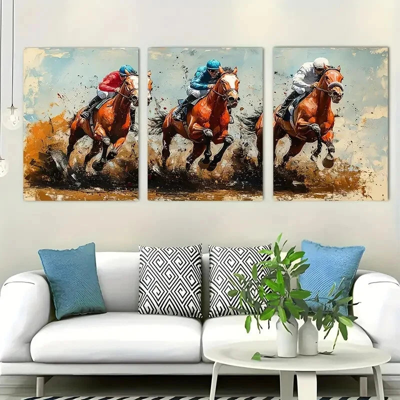3pcs Vibrant Horse Racing Dynamic Horse Metal Print Ready to Hang Art
