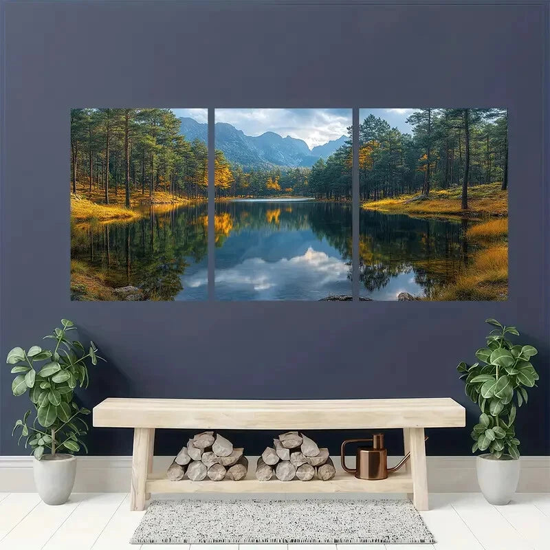 3pcs EArth Tones Lake Reflection Artwork Metal Print Ready to Hang Art