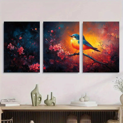 3pcs Vibrant Bird & Floral Colorful Metal Print Ready to Hang Art