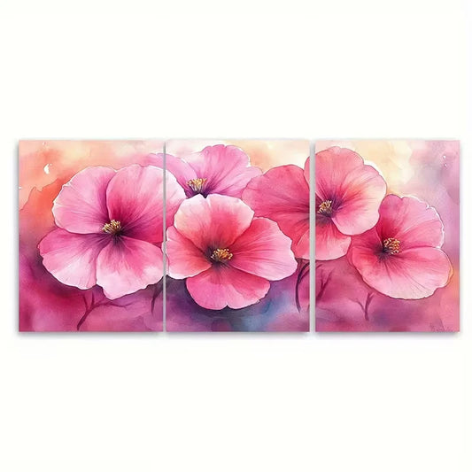 3pcs Delicate Pink Blooms with Golden Center Metal Print Ready to Hang Art