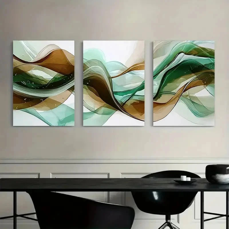 3pcs Abstract Flowing Wave of Green and Brown Metal Print Ready to Hang Art