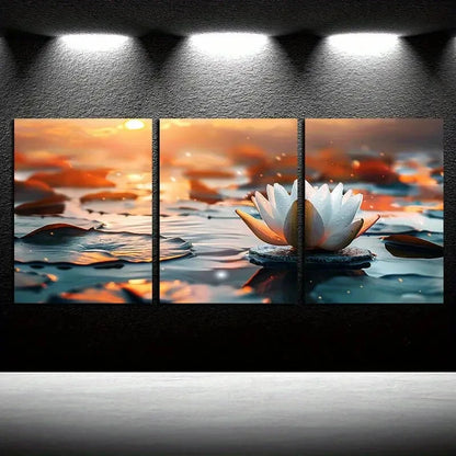 3pcs Vibrant Lotus Flower on the Lake with Leaves Metal Print Ready to Hang Art