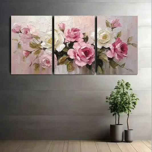 3pcs Elegant Oil Painting of Blooming Roses Metal Print Ready to Hang Art