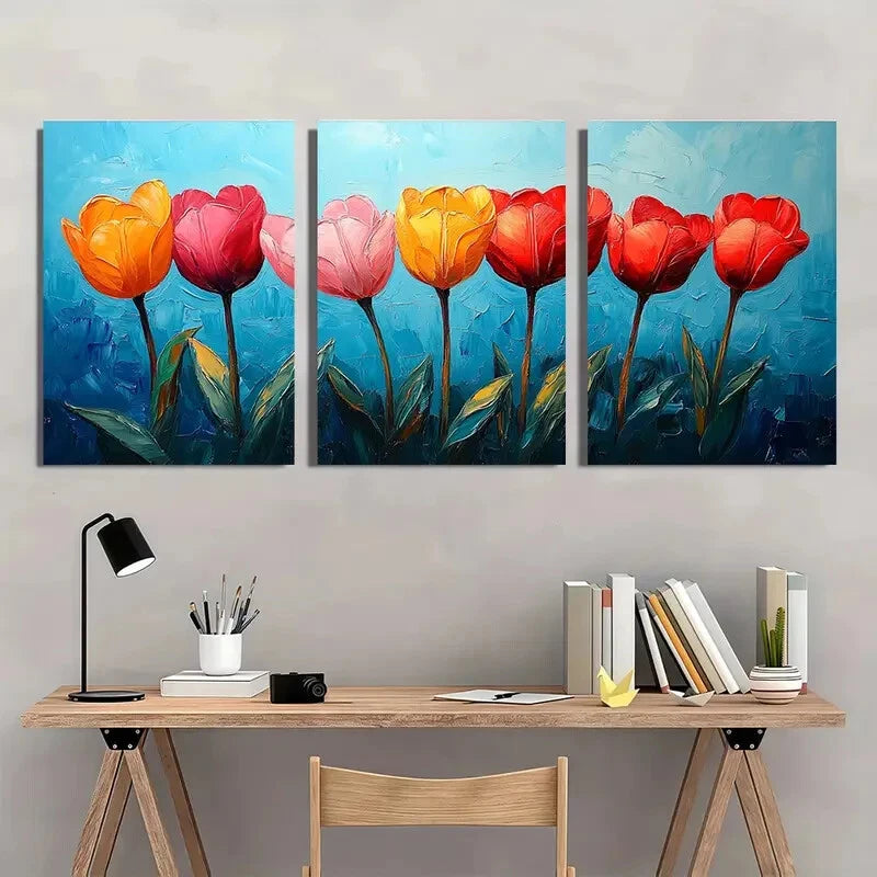 3pcs Vibrant Tulip Impasto Oil Painting Metal Print Ready to Hang Art