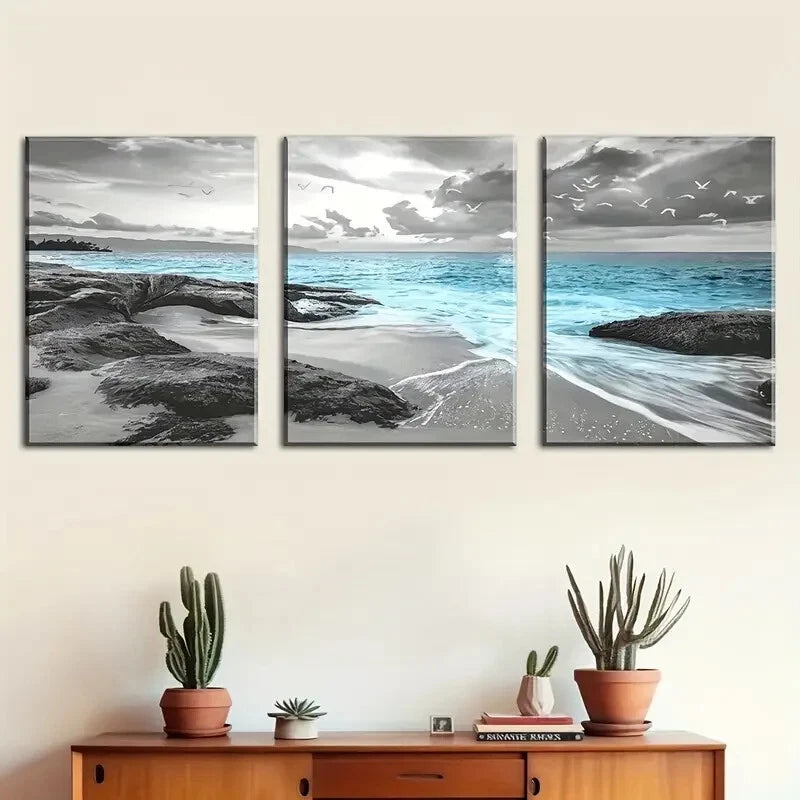 3pcs Ocean Beach Sea Reef Beach Seagulls Metal Print Ready to Hang Art