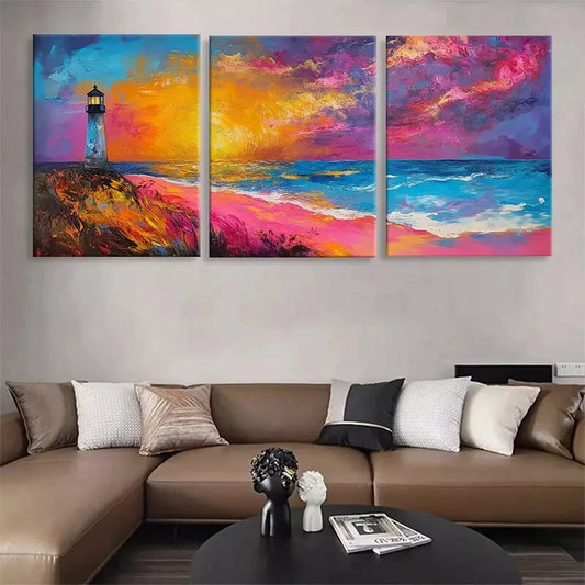 3pcs Vibrant Lighthouse and Ocean Sunset Perfect Wall Art Set Canvas Framed 40x60cm - High Quality Print 100% Australian Made Wall Canvas Ready to Hang