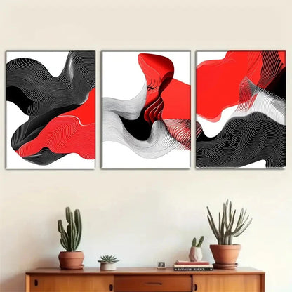 3pcs Red and Black Abstract Wave Design Metal Print Ready to Hang Art