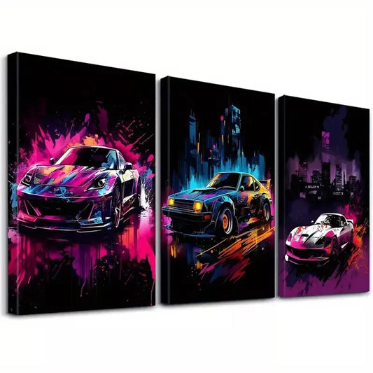 3pcsNeon Decorative Graffiti Style Sports cars Art Set Canvas Framed 50x70cm - High Quality Print 100% Australian Made Wall Canvas Ready to Hang