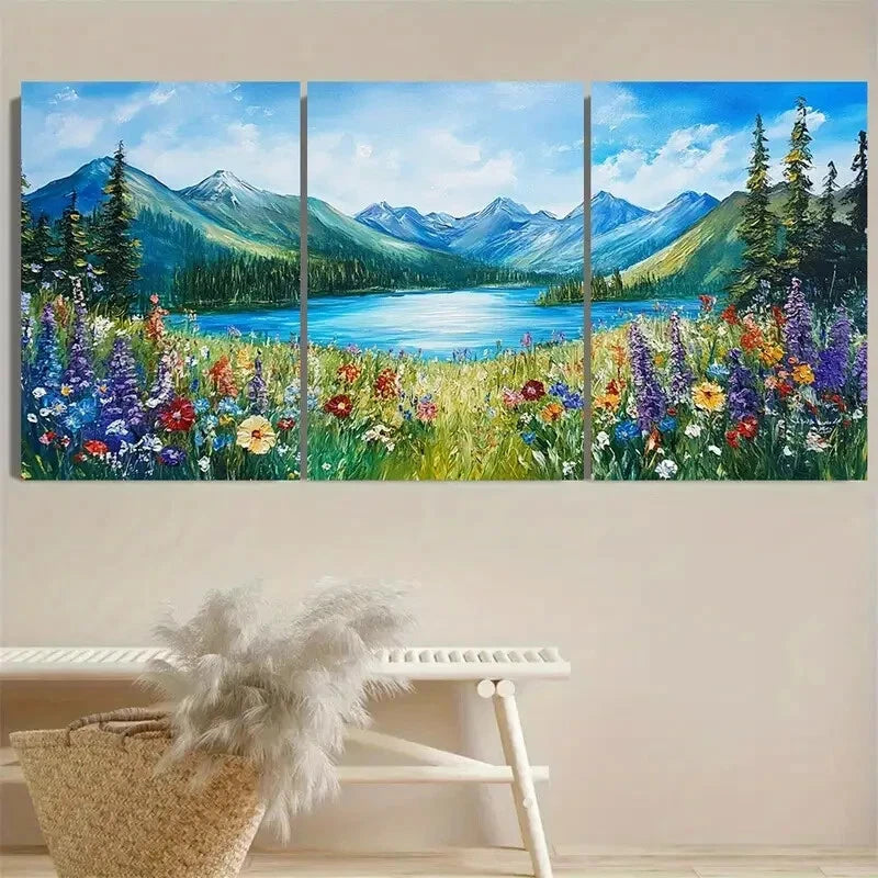 3pcs Vibrant Alpine Wildflower Lakeside Nature Metal Print Ready to Hang Art