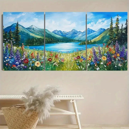 3pcs Vibrant Alpine Wildflower Lakeside Nature Metal Print Ready to Hang Art