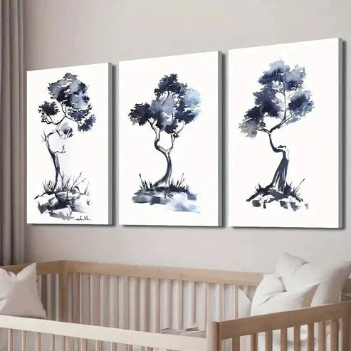 3pcs Blue & Black Abstract Tree Paintings Wall Art Set Canvas Unframed - High Quality Print 100% Australian Made Wall Canvas