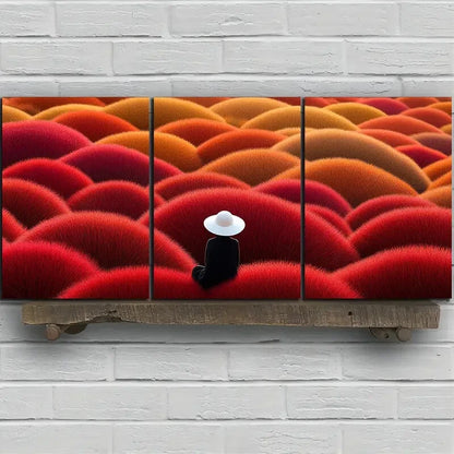 3pcs Person Wearing a Straw Hat Sitting On Field Metal Print Ready to Hang Art