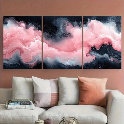 3pcs Abstract Marble Pink Black and White Flowing Metal Print Ready to Hang Art
