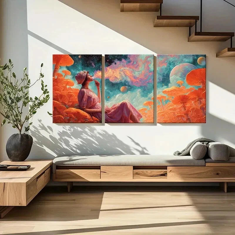 3pcs Cosmic Woman Dreaming Among Mushrooms Metal Print Ready to Hang Art