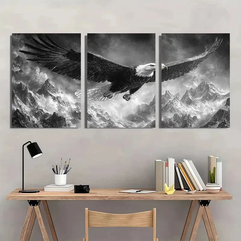 3pcs Dramatic Black and White Bald Eagle Metal Print Ready to Hang Art