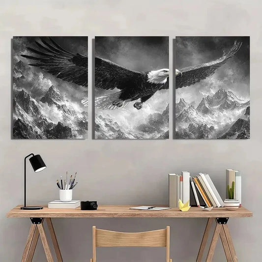 3pcs Dramatic Black and White Bald Eagle Metal Print Ready to Hang Art