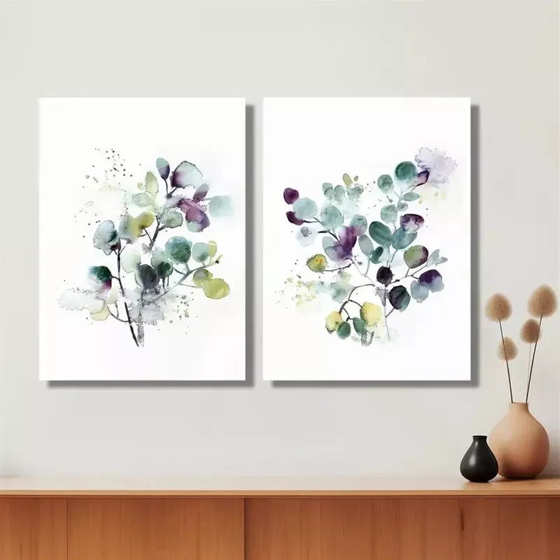 2pcs Abstract Eucalyptus & Floral Watercolor Canvas Framed 50x75cm - High Quality Print 100% Australian Made Wall Canvas Ready to Hang - Bella Home Decor