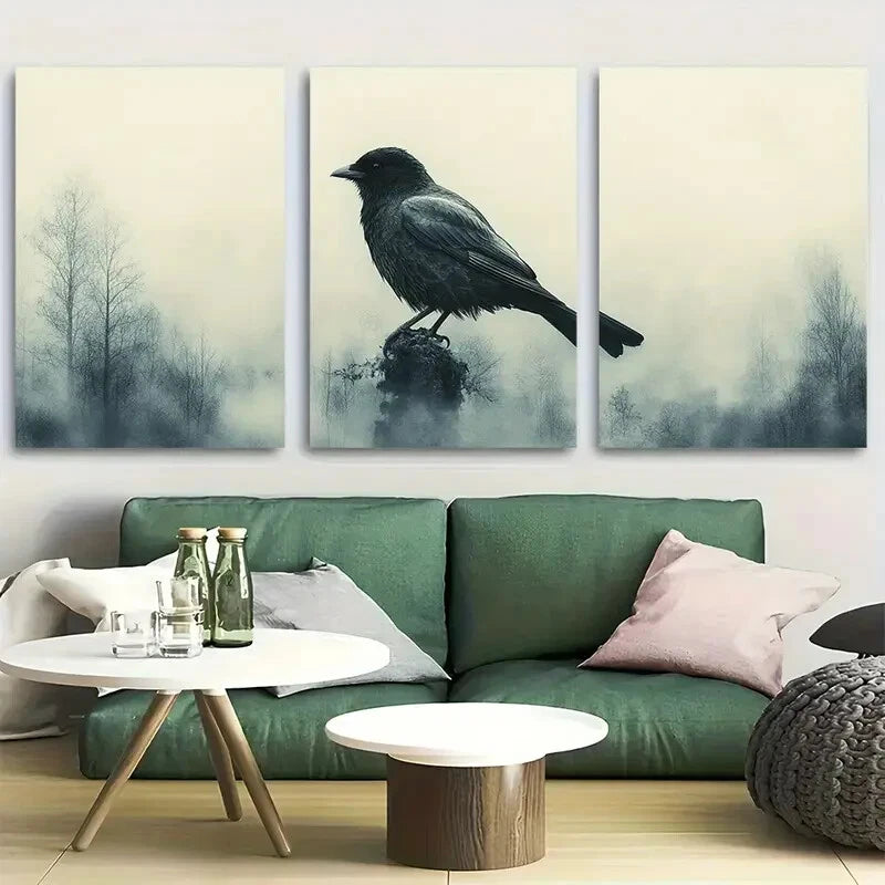 3pcs Black Bird Silhouette in Neutral Tones Metal Print Ready to Hang Art