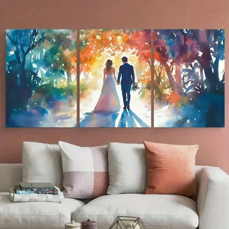 3pcs Romantic Couple Walking Under a Canopy Metal Print Ready to Hang Art