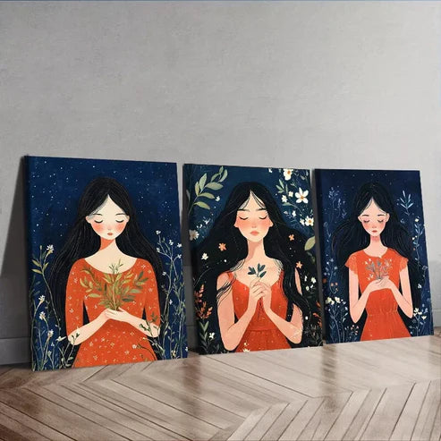 3pcs Flower Girl Prints Nature Flowers Wall Art Set Canvas Unframed - High Quality Print 100% Australian Made Wall Canvas