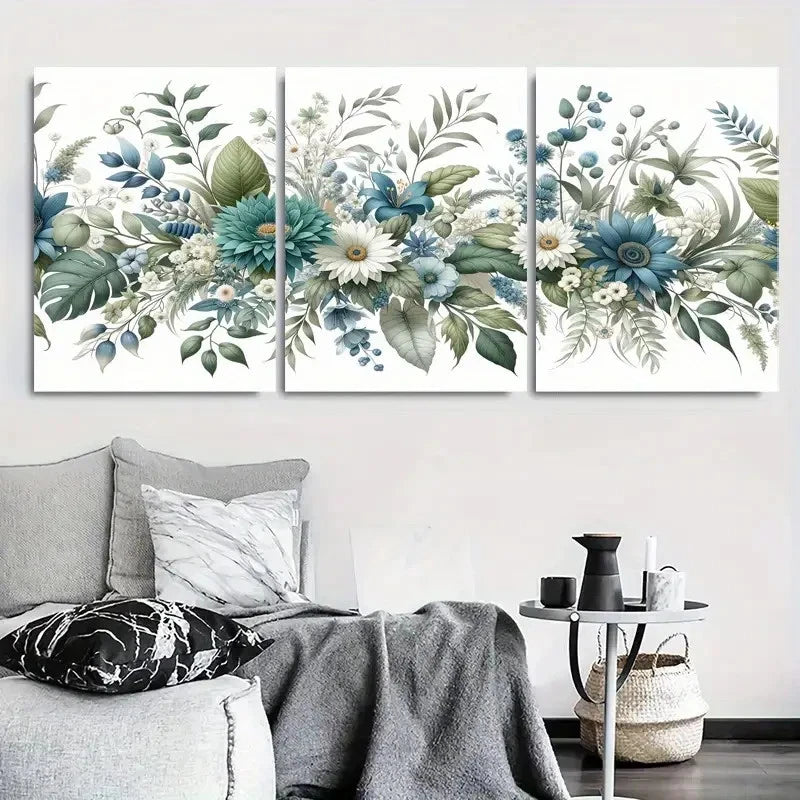 3pcs Vibrant Blue Green Floral Bouquet Metal Print Ready to Hang Art