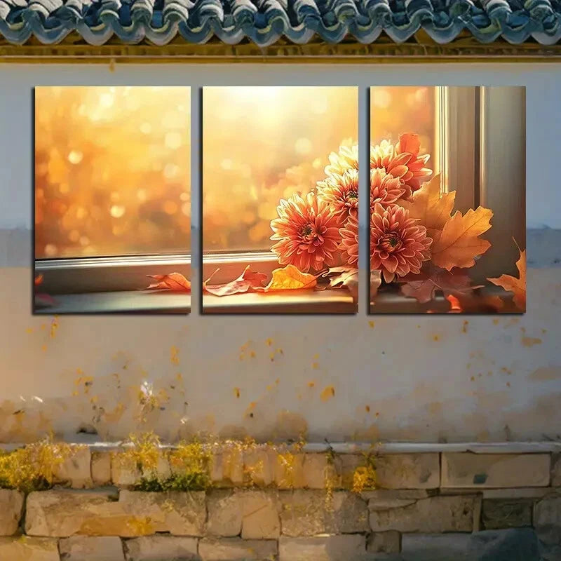 3pcs Vibrant Autumn Floral by Window Design Metal Print Ready to Hang Art